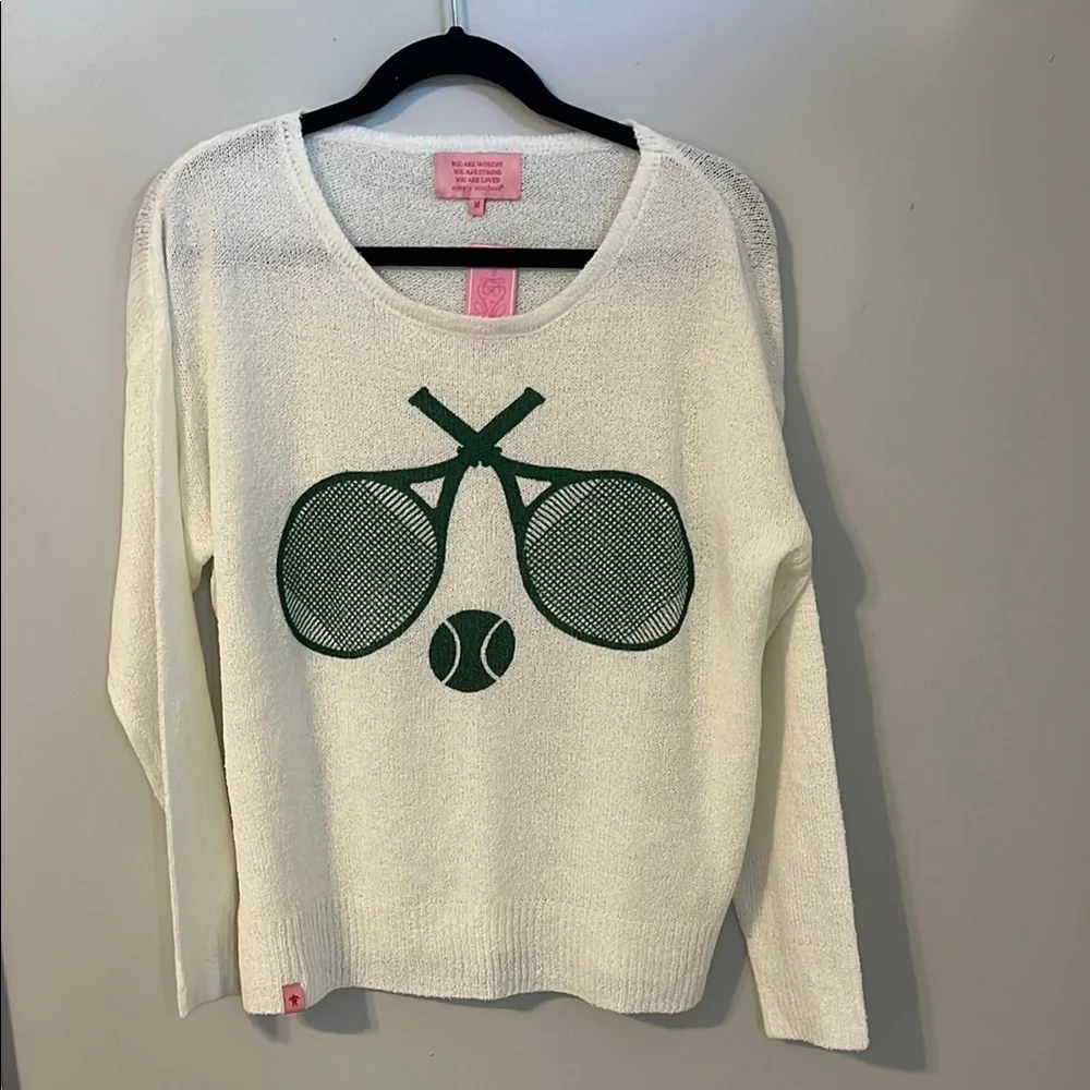 White and Green Crew Neck Sweater with Graphic Design - Picture 1 of 3